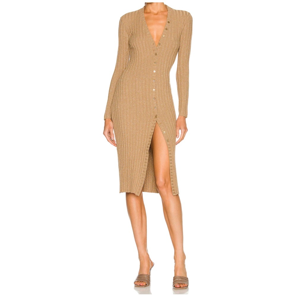 ✅Enza Costa Long Sleeve Cardigan Midi Dress in Sand & Gold